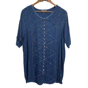 Flying High Women's Blue Tie Back Embroidered Button Up Lagenlook Blouse Medium